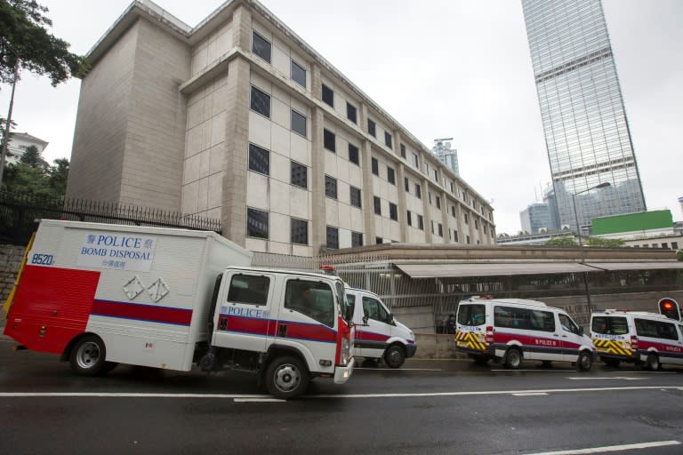 Four police vans and a bomb disposal truck were deployed at the sealed-off main entrance of the US Consulate General in Hong Kong