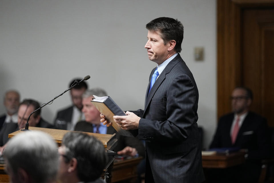 Michael Kotlarczyk, from the Colorado Attorney General's office, delivers closing arguments in a hearing for a lawsuit to keep former President Donald Trump off the state ballot, Wednesday, Nov. 15, 2023, in Denver. (AP Photo/Jack Dempsey, Pool)