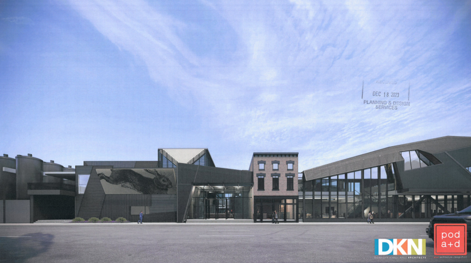 The proposed expansion of Rabbit Hole Distillery is seen in this street level, north facing rendering of the 700 block of East Jefferson Street. The existing Rabbit Hole distillery is seen on the left while a new two-story structure on the right is intended to house expanded office, retail and bar space.