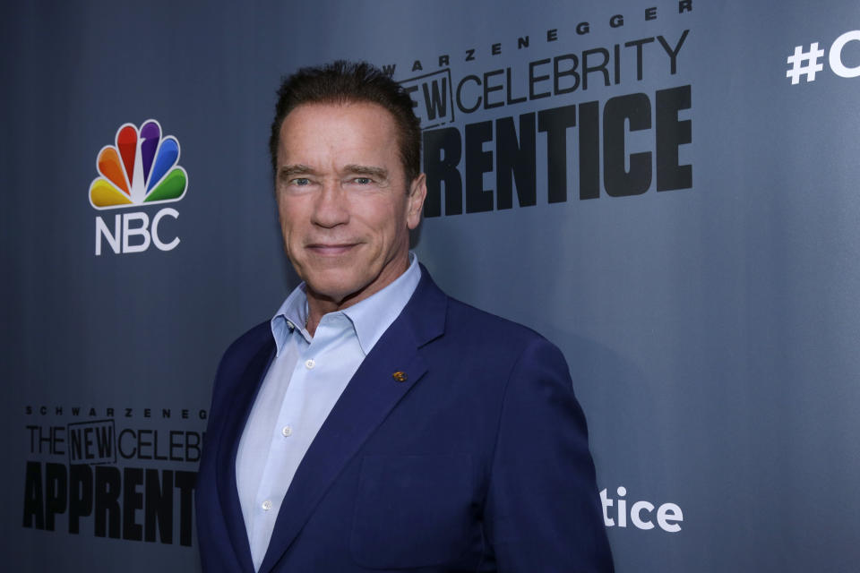 This Dec. 9, 2016 image released by NBC shows Arnold Schwarzenegger, the new boss of "The New Celebrity Apprentice," at a press junket in Universal City, Calif. The latest season will premiere on Jan. 2, 2017. (Paul Drinkwater/NBC via AP)