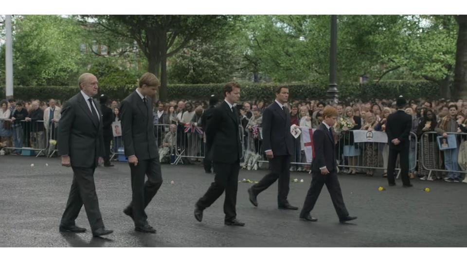 "The Crown" depicting members of the royal family walking behind Diana's coffin.