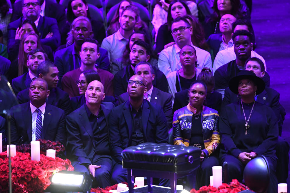 Doc Rivers, Chauncey Billups, Queen Latifah and others attend The Celebration of Life for Kobe & Gianna Bryant at Staples Center on February 24, 2020 in Los Angeles, California. (Photo by Kevork Djansezian/Getty Images)