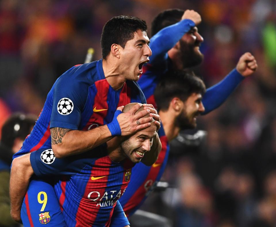 <p>Luis Suarez (L) and Javier Mascherano of Barcelona celebrate victory after the UEFA Champions League Round of 16 second leg match between FC Barcelona and Paris Saint-Germain at Camp Nou on March 8, 2017 in Barcelona, Spain. Barcelona won by 6 goals to one to win 6-5 on aggregate. (Photo by Laurence Griffiths/Getty Images) </p>