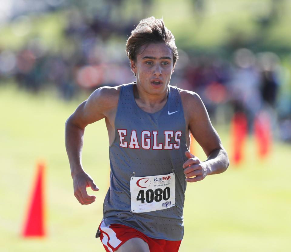 Holliday’s	Noah Strohman (4080) comes in first place.	Athletes compete in the Lubbock Independent School District cross country Invitational, Saturday, Sept. 17, 2022, at Mae Simmons Park. 