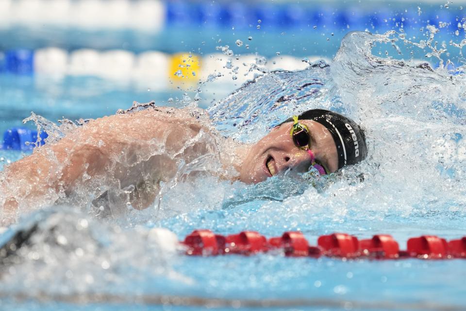 Aaron Shackell swims during the Men's 400 freestyle finals heat Saturday, June 15, 2024, at the US Swimming Olympic Trials in Indianapolis. (AP Photo/Michael Conroy)