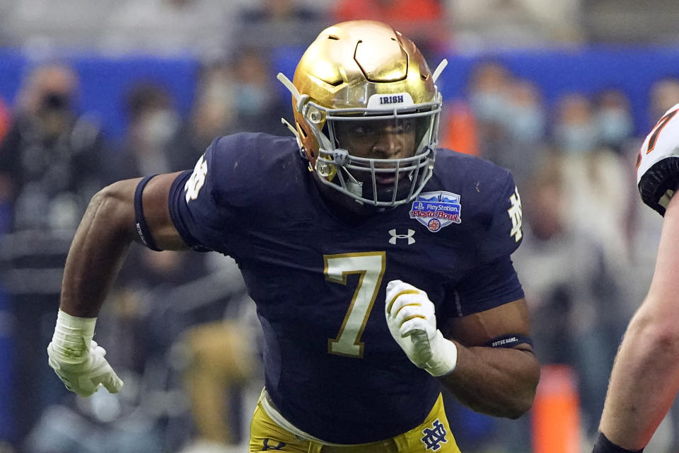 FILE - Notre Dame defensive lineman Isaiah Foskey (7) plays during the second half of the Fiesta Bowl NCAA college football game against Oklahoma State, Saturday, Jan. 1, 2022, in Glendale, Ariz. If Notre Dame is going to beat Ohio State for the first time since 1936, everyone in South Bend knows the defense must ace its test. (AP Photo/Rick Scuteri, File)