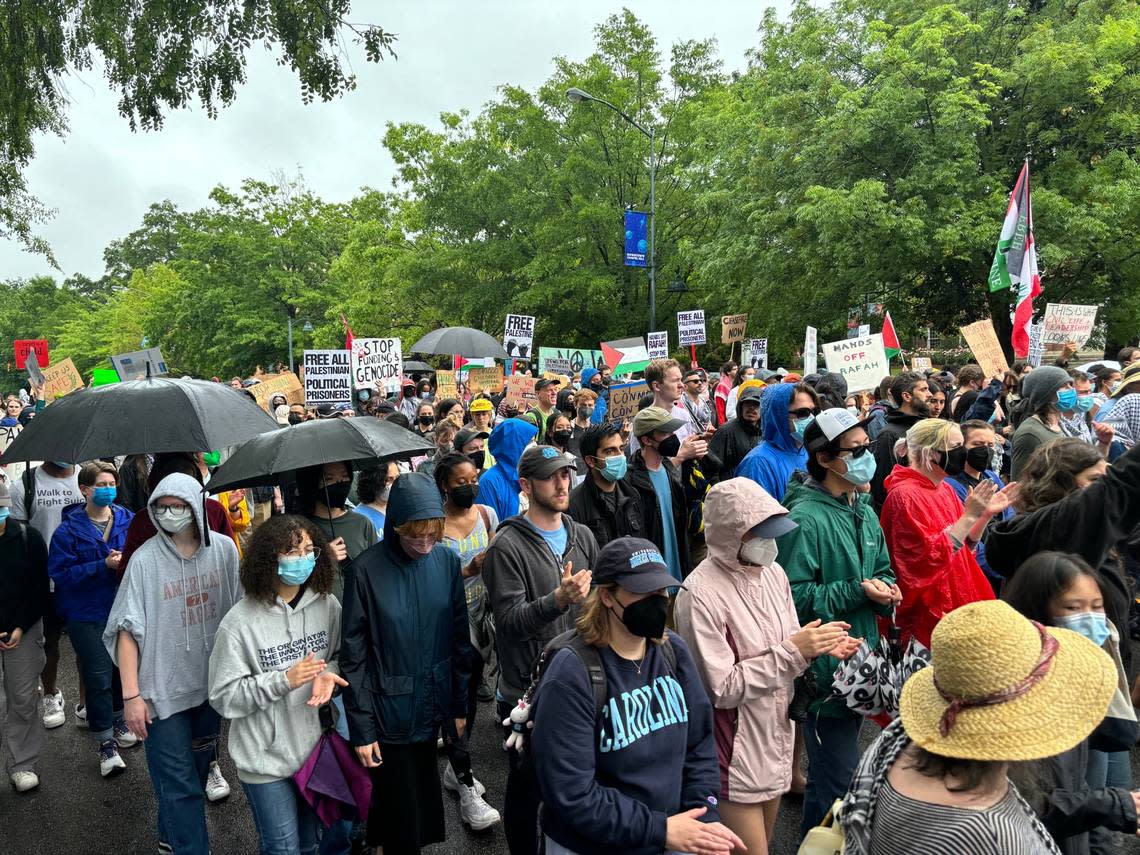 Stand with Palestine protesters march down Franklin Street in Chapel Hill on May 5, 2024. Brian Gordon /bgordon@newsobserver.com