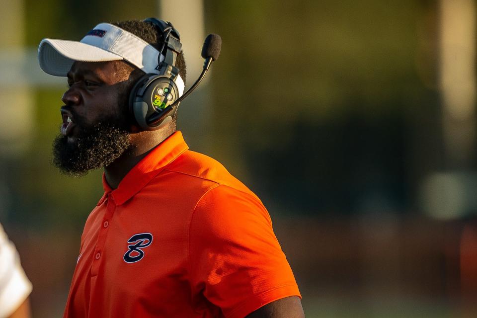 The Benjamin School coaching staff sends words of instruction and encouragement to their players during FHSAA boys football action as host The Benjamin School Buccaneers take on the Gulliver Prep Raiders in Palm Beach Gardens, Fla., on September 14, 2023.