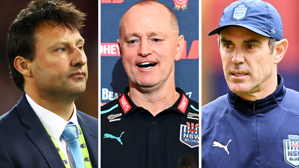 Brad Fittler (pictured right) and Laurie Daley (pictured left) are both names being touted as potential replacements for Michael Maguire (pictured middle) after reports the Blues coach is set to join the Broncos. (Getty Images)