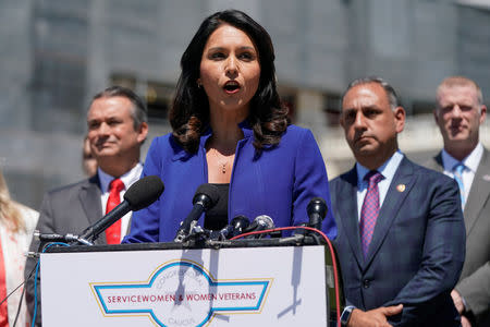Rep. Tulsi Gabbard (D-HI) speaks about the formation of the Congressional Servicewomen and Women Veterans Caucus on Capitol Hill in Washington, U.S., May 15, 2019. REUTERS/Joshua Roberts
