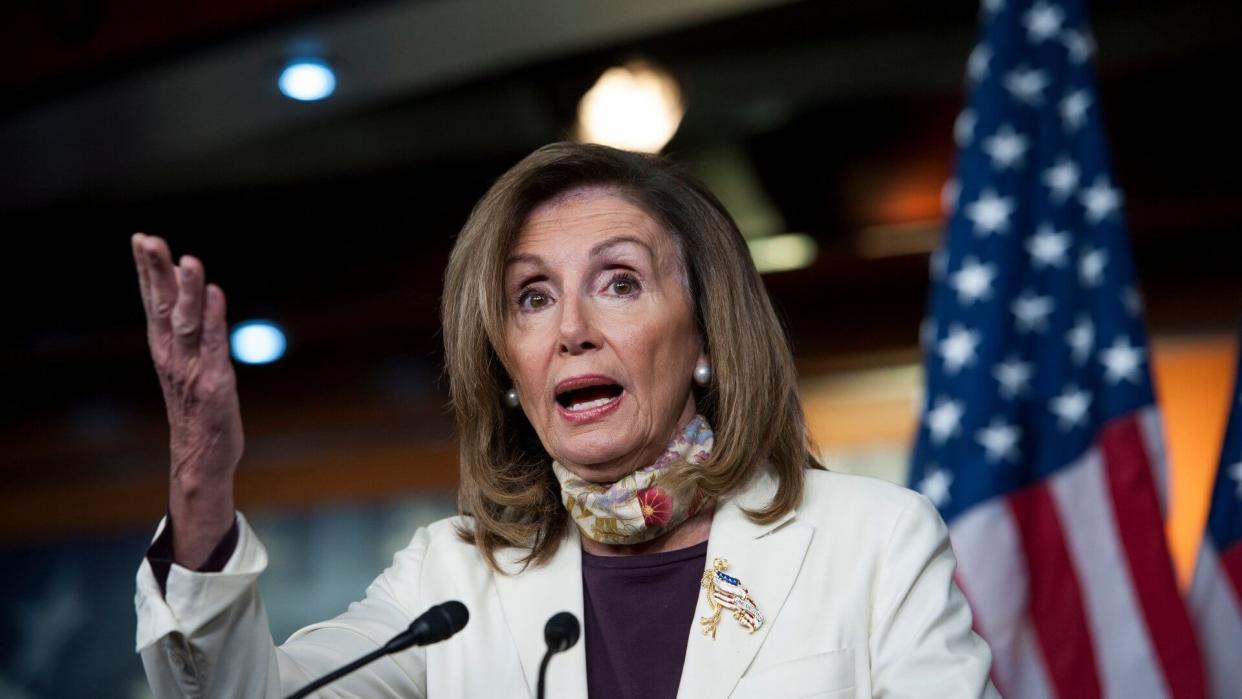 Mandatory Credit: Photo by Shutterstock (10735420p)Speaker of the United States House of Representatives Nancy Pelosi (Democrat of California), right, offers remarks while joined by US Senate Minority Leader Chuck Schumer (Democrat of New York), left, during a press conference on the status of the COVID-19 economic stimulus package currently in negotiations with The White House and members of the GOP leadership, at the US Capitol in Washington, DC.