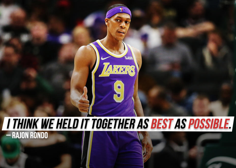 Rajon Rondo <a href="https://sports.yahoo.com/rajon-rondo-talks-lakers-season-i-think-we-held-it-together-as-best-as-possible-235225438.html" data-ylk="slk:explains his perspective;elm:context_link;itc:0;sec:content-canvas;outcm:mb_qualified_link;_E:mb_qualified_link;ct:story;" class="link  yahoo-link">explains his perspective</a> on the past season with the Los Angeles Lakers.