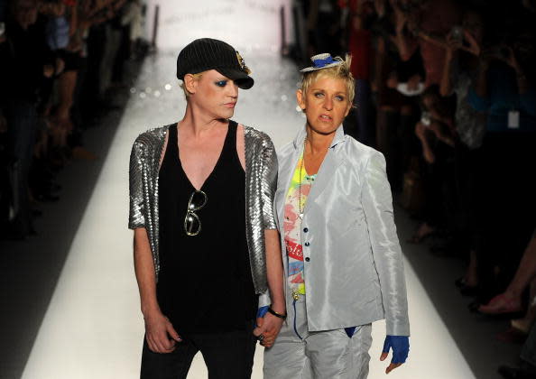 Designer Richie Rich (L) and Ellen Degeneres walk the runway at the Richie Rich Spring 2011 fashion show during Mercedes-Benz Fashion Week at The Studio at Lincoln Center on September 9, 2010 in New York City. (Photo by Frazer Harrison/Getty Images for IMG)