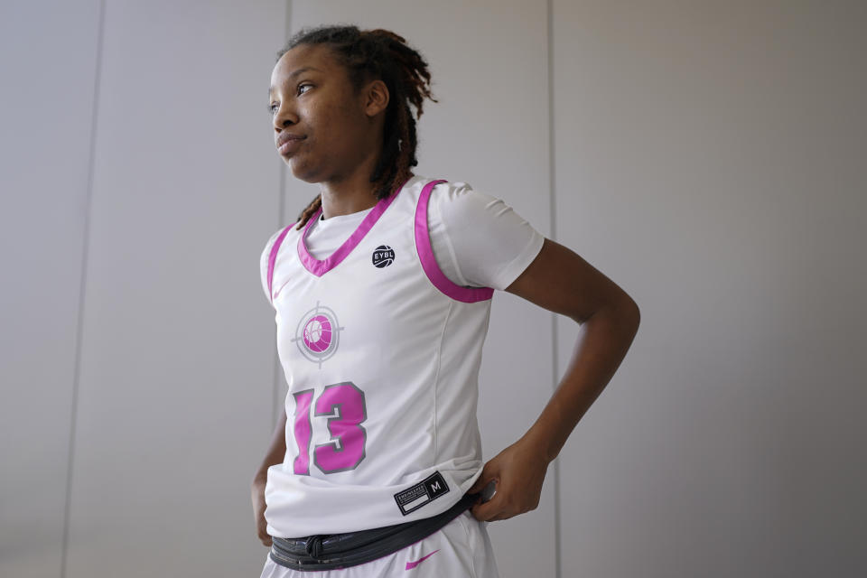 Iowa Attack guard Divine Bourrage is shown at the NCAA College Basketball Academy, Saturday, July 29, 2023 in Memphis, Tenn. Bourrage tries to block out the distractions when playing in front of college coaches interested in signing her, just focus on playing. (AP Photo/George Walker IV)