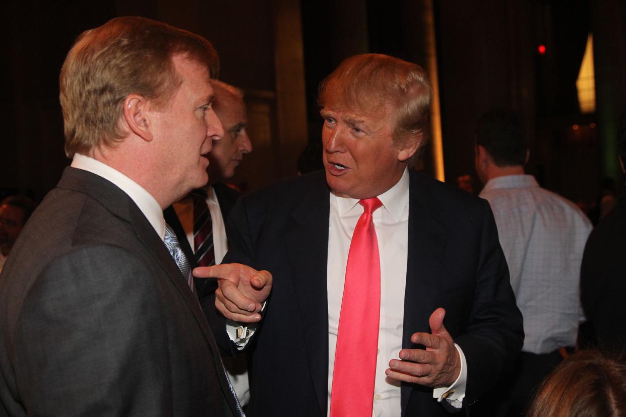 Donald Trump and Roger Goodell attend the NY Jets kickoff luncheon party at Cipriani Wall Street on August 27, 2008 in New York. (Photo by Al Pereira/Michael Ochs Archives/Getty Images) 