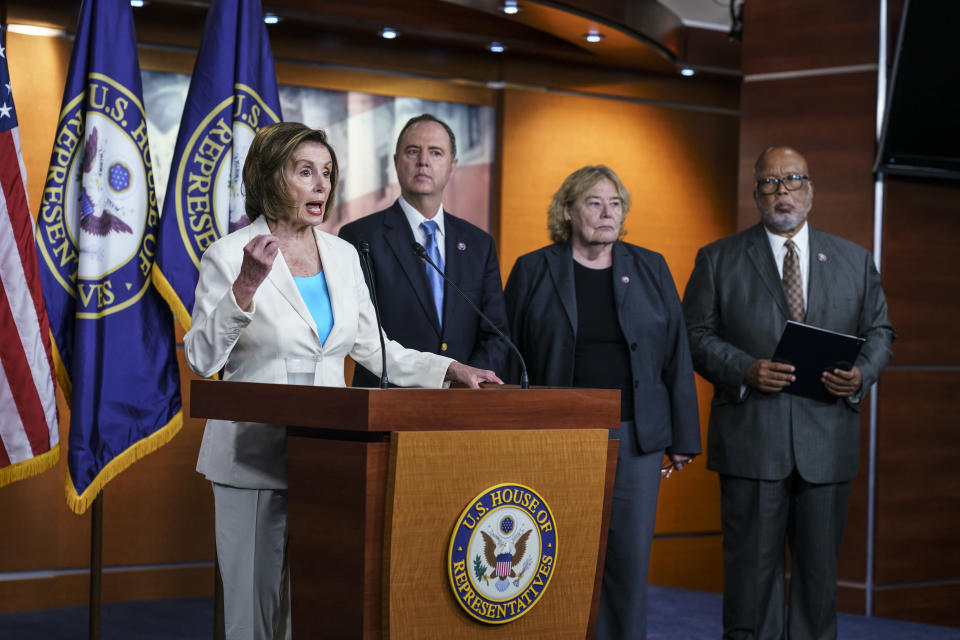 Speaker of the House Nancy Pelosi, D-Calif., announces her appointments to a new select committee to investigate the violent Jan. 6 insurrection at the Capitol, including from left, Rep. Adam Schiff, D-Calif., Rep. Zoe Lofgren, D-Calif., and Rep. Bennie Thompson D-Miss., who will lead the panel, on Capitol Hill in Washington, Thursday, July 1, 2021. The probe will examine what went wrong around the Capitol when hundreds of supporters of then-President Donald Trump broke into the building, hunted for lawmakers and interrupted the congressional certification of Democrat Joe Biden's election victory. (AP Photo/J. Scott Applewhite)