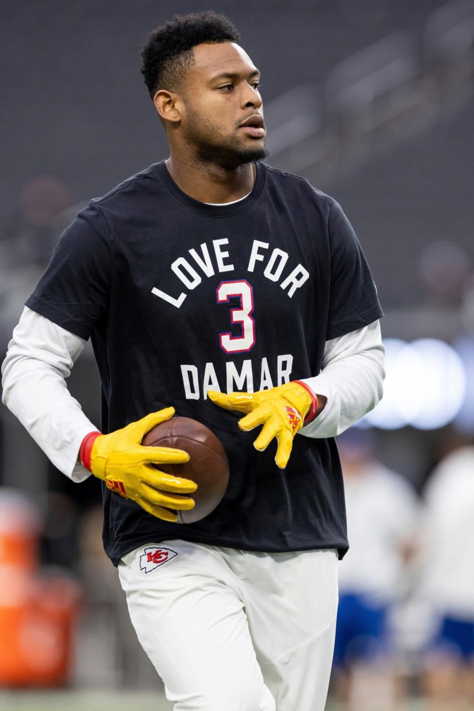 Mandatory Credit: Photo by Jeff Lewis/AP/Shutterstock (13701855c) Kansas City Chiefs wide receiver JuJu Smith-Schuster (9) warms up wearing a Love for Damar shirt for Damar Hamlin before playing against the Las Vegas Raiders in an NFL football game, in Las Vegas, NV Chiefs Raiders Football, Las Vegas, United States - 07 Jan 2023