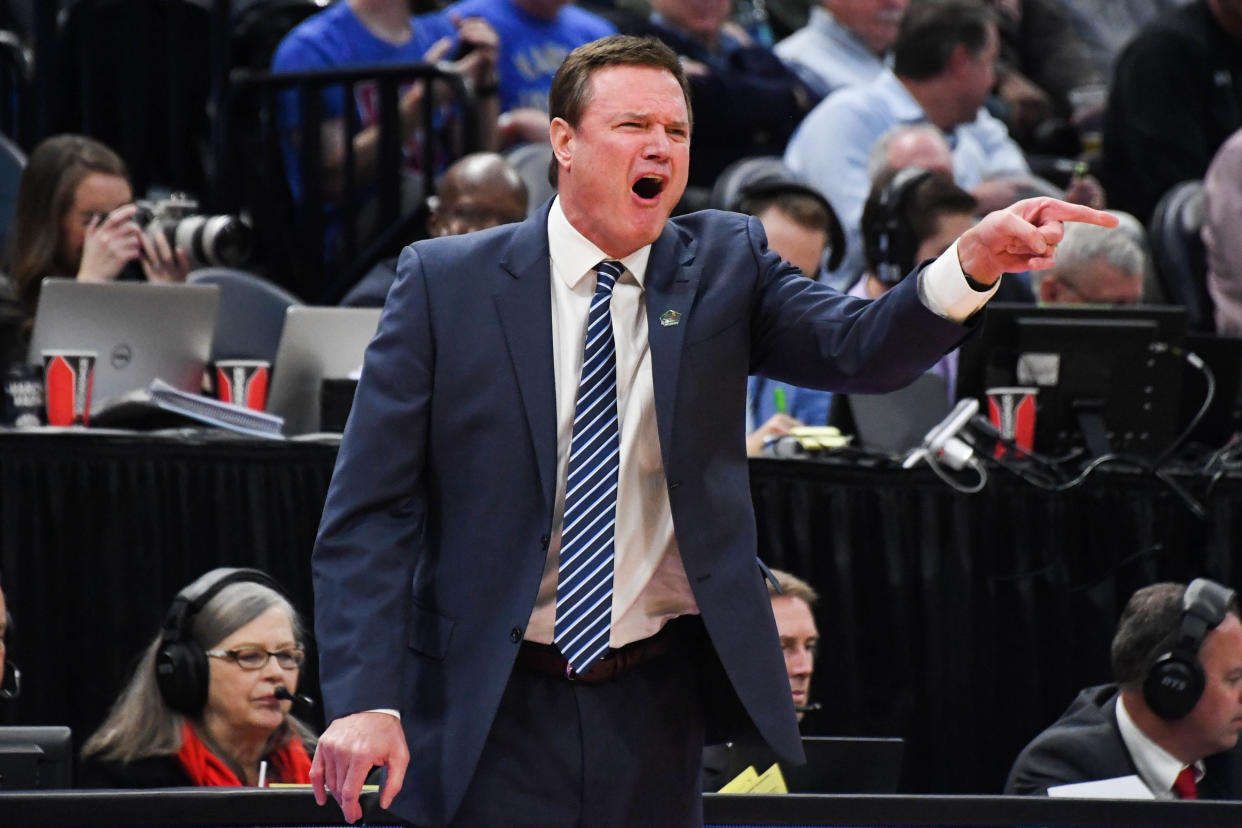 Kansas Jayhawks head coach Bill Self reacts during the first half in the first round of the 2019 NCAA tournament. (USAT)