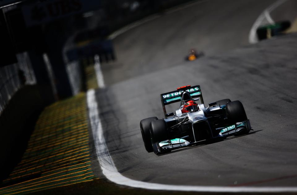 SAO PAULO, BRAZIL - NOVEMBER 23: Michael Schumacher of Germany and Mercedes GP drives during practice for the Brazilian Formula One Grand Prix at the Autodromo Jose Carlos Pace on November 23, 2012 in Sao Paulo, Brazil. (Photo by Paul Gilham/Getty Images)