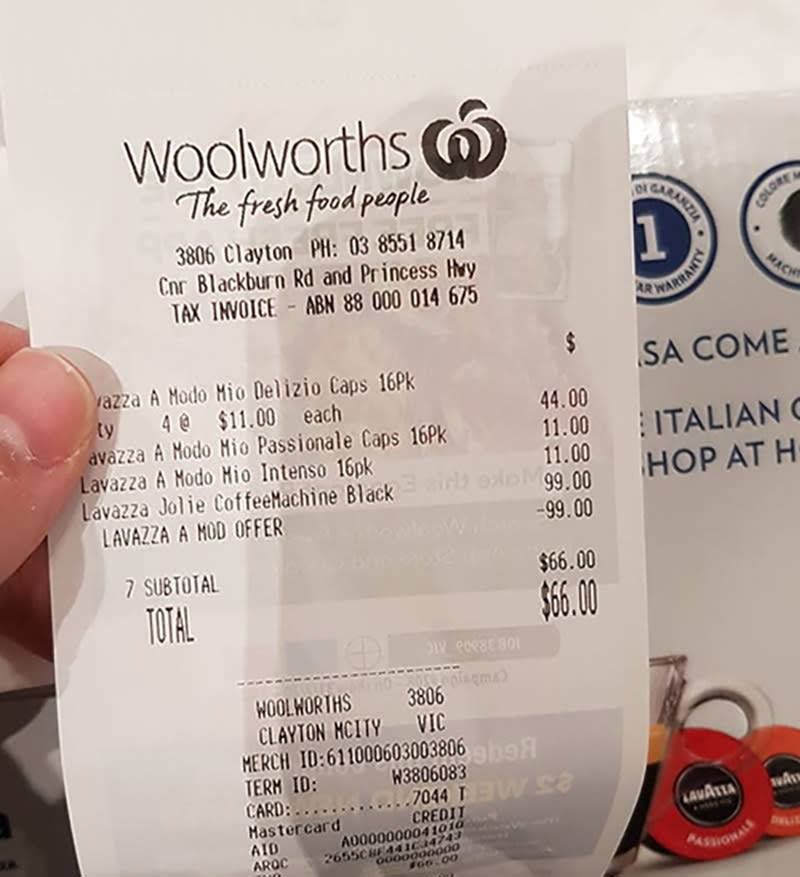 Woolworths receipt for free coffee machine