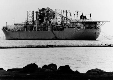 The Glomar Explorer ship is seen anchored in the U.S. Navy's National Defense Reserve Fleet anchored in Suisan Bay, California in this U.S. Navy handout file photo taken on May 15, 1977 and released to Reuters by the Archives Branch of The U.S. Naval History and Heritage Command in Washington, September 3, 2015. REUTERS/US Navy/Archives Branch, Naval History and Heritage Command, Washington/Handout