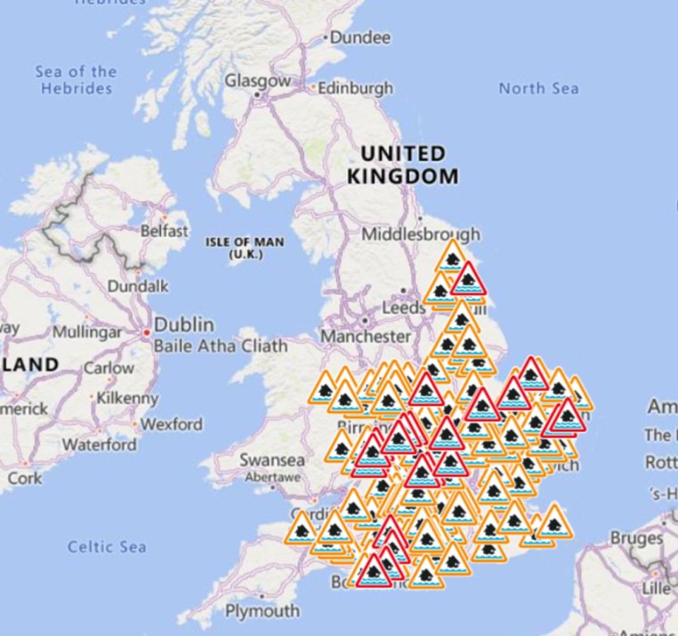 Map shows flood alerts in place in UK on Tuesday (Environment Agency)