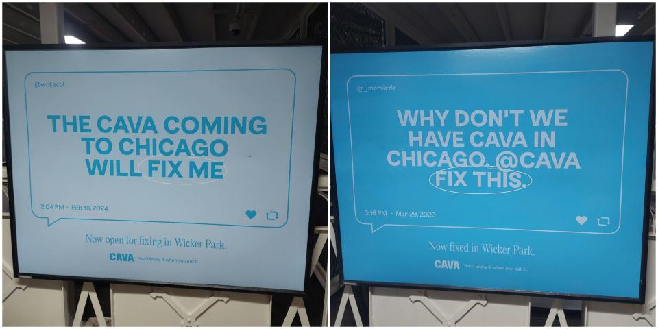 A blue sign at a Metra station in Chicago with an X post printed on it reading: "Why don't we have a Cava in Chicago @cava fix this"