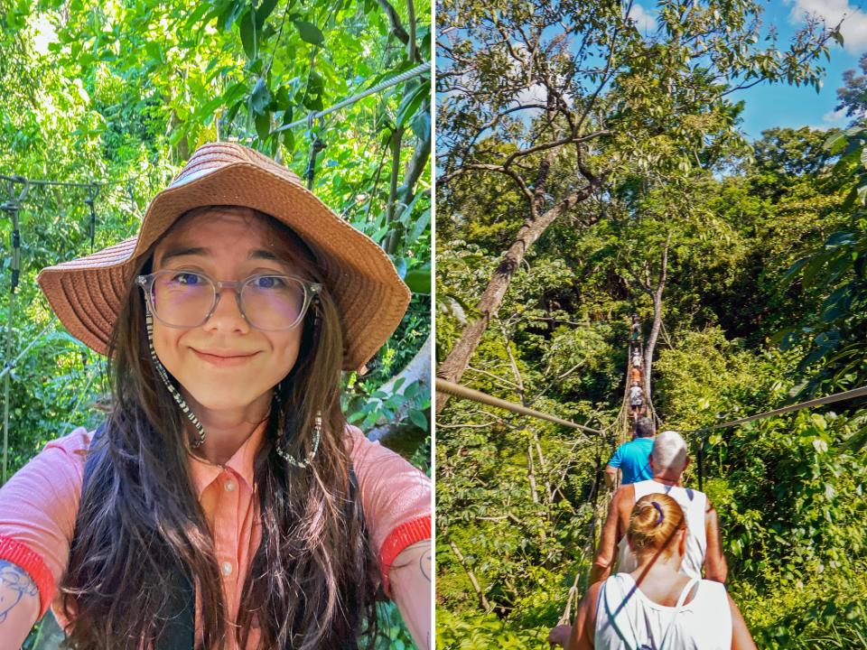 The author takes a selfie on a hike (L) People walk across a suspended bridge in a rainforest