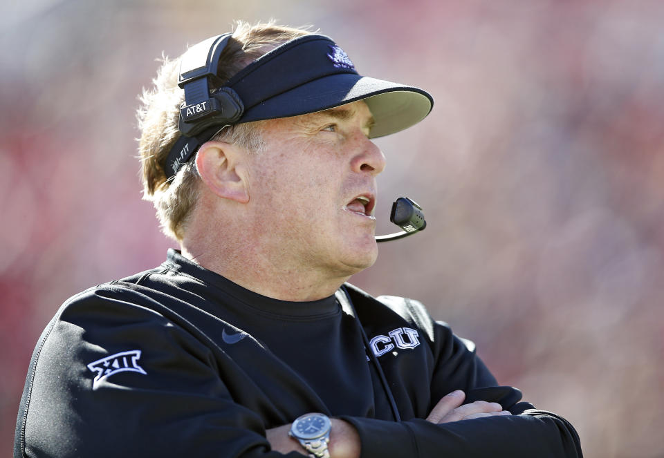 TCU coach Gary Patterson’s team gets a second shot at Oklahoma on Saturday. (AP Photo/Brad Tollefson)