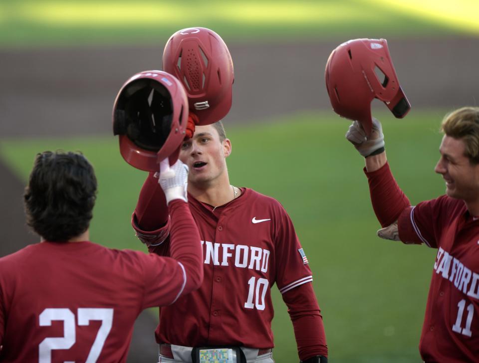 Stanford catcher Malcolm Moore (10) is a popular pick for the Arizona Diamondbacks in MLB mock draft projections for the 2024 MLB Draft.