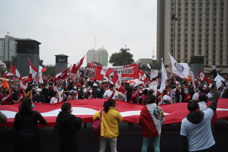 Supporters of Peru's presidential candidate Keiko Fujimori gather outside the Palace of Justice, the seat of Peru's Supreme Court, during a demonstration in Lima