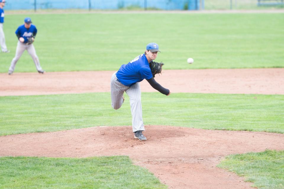 Kellogg sophomore Gavin Beuter pitches during an NJCAA regional game against Mid-Michigan College at C.O. Brown Stadium on Thursday, May 9, 2024.