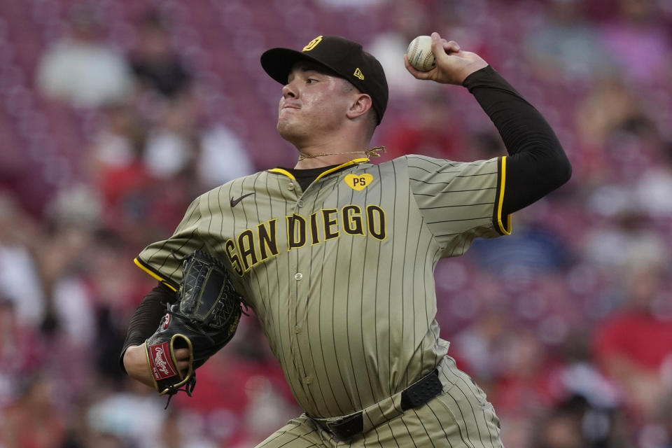 San Diego Padres pitcher Adrian Morejon throws to a Cincinnati Reds batter during the fourth inning of a baseball game Tuesday, May 21, 2024, in Cincinnati. (AP Photo/Carolyn Kaster)