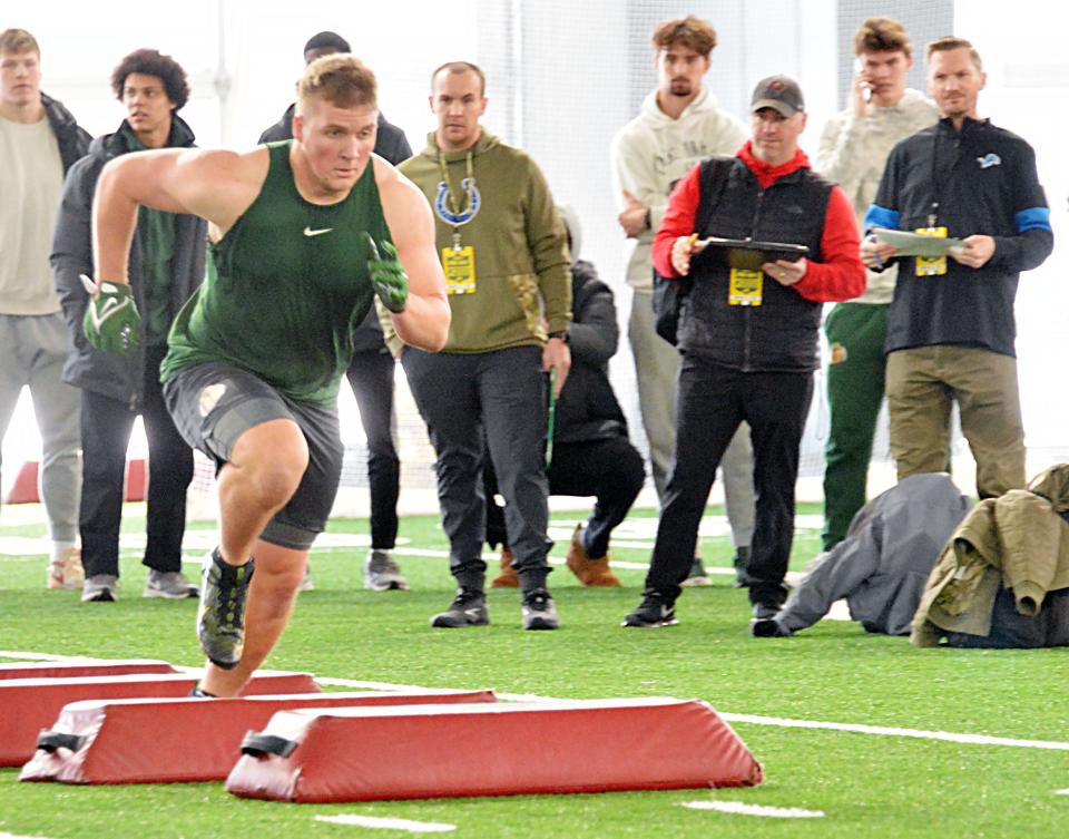 North Dakota State University defensive end and 2017 Watertown High School graduate Spencer Waege speeds through a drill during NDSU's NFL Pro Day on Wednesday, March 29, 2023 in the Nodak Insurance Football Performance Complex at Fargo, N.D.