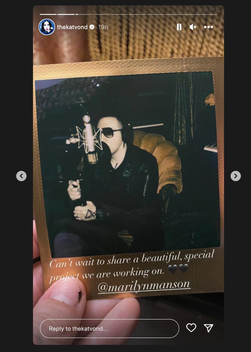 Kat Von D shared this photo of Marilyn Manson at her in-home studio to Instagram on Wednesday.