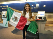 <p>Yvonne Treviño Hayek waves the flag of Mexico before boarding her flight to Rio for the Olympics. (Instagram) </p>