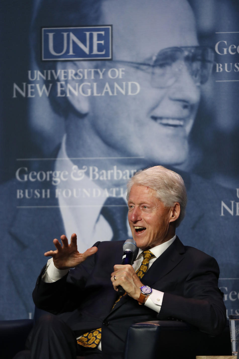 Former President Bill Clinton speaks at a George and Barbara Bush Distinguished Lecture series event, Friday, Sept. 27, 2019, at the University of New England in Biddeford, Maine. (AP Photo/Robert F. Bukaty)