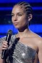 <p>Alicia Keys shows off her intricate baby hairs with her cornrows that meet at the bottom to form a low bun. </p>