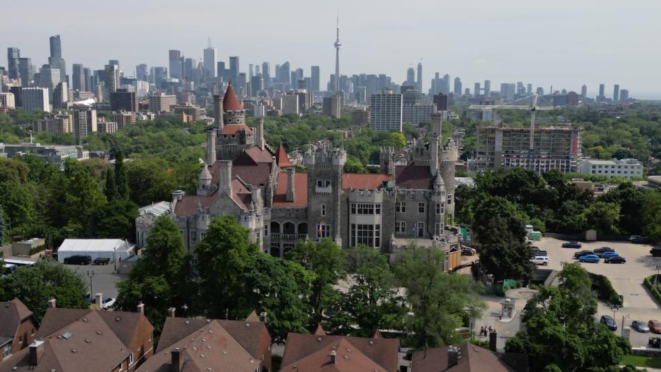 Casa Loma and a view of downtown Toronto, as seen from the air.