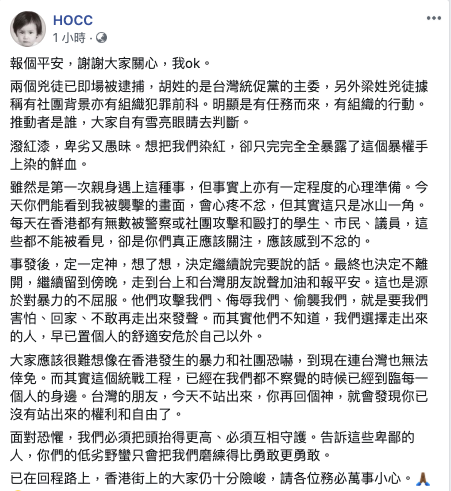 遭到潑紅漆事件後，何韻詩晚間返回香港，並在臉書發文報平安。   圖／擷取自何韻詩臉書。