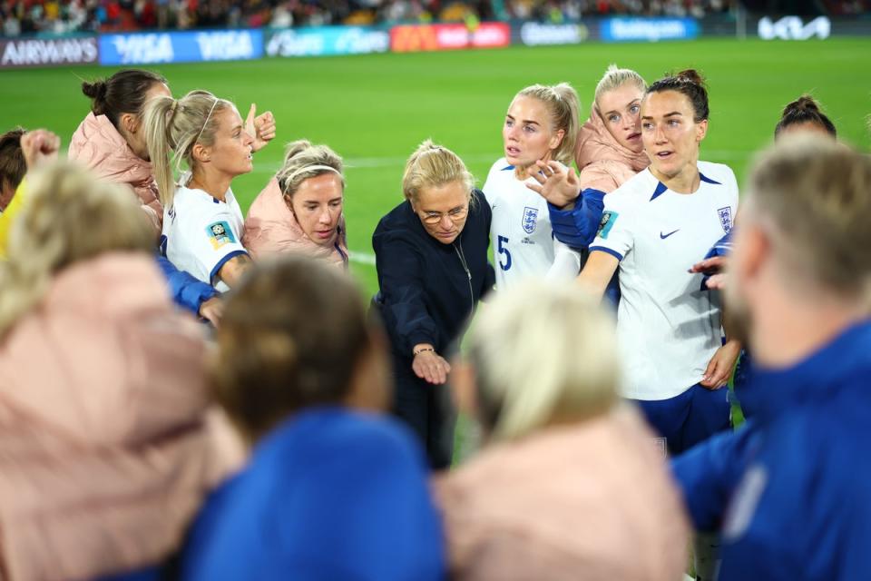 Sarina Wiegman rallies her troops after a narrow escape (The FA via Getty Images)