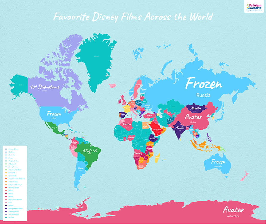 Map of favourite Disney movies across the globe. Image courtesy of Parkdean Resorts.