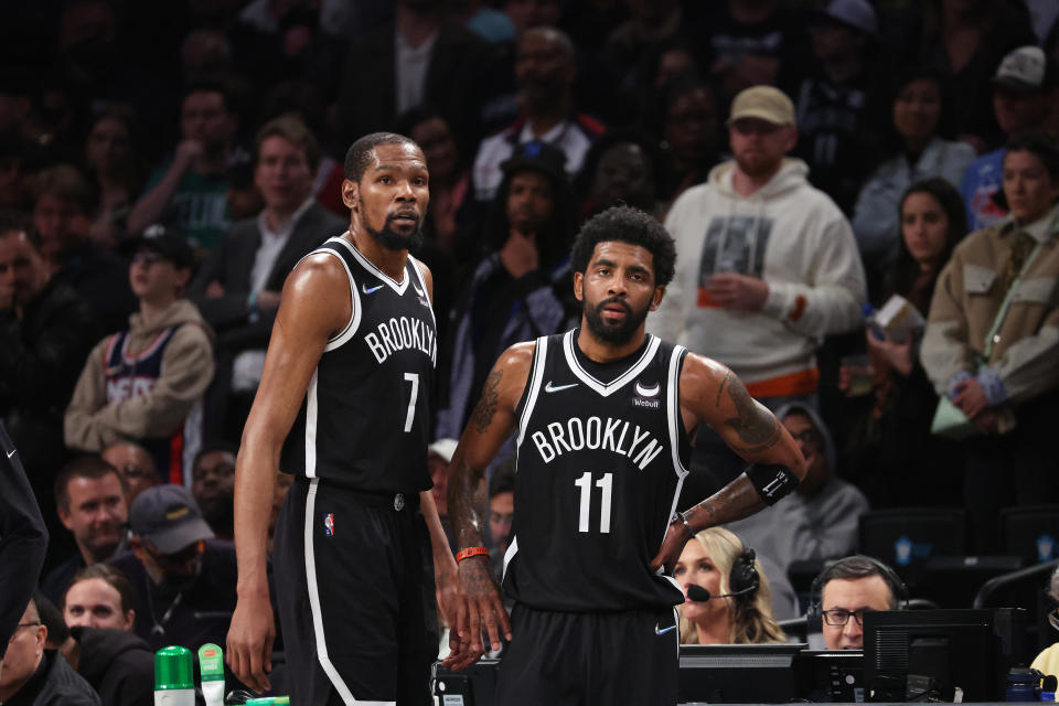 Kevin Durant looked tired and Kyrie Irving was unavailable for much of the season, leading to a first-round sweep. (Photo by Al Bello/Getty Images).