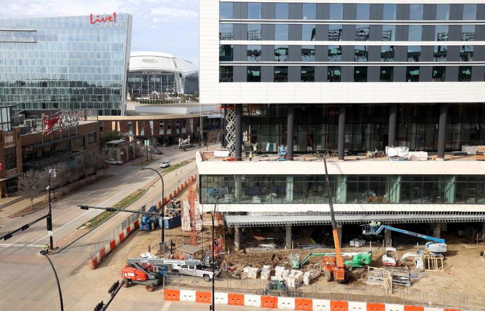 Construction continues on the Loews Arlington Hotel and Convention Center in the city’s entertainment district on Monday, February 13, 2023.
