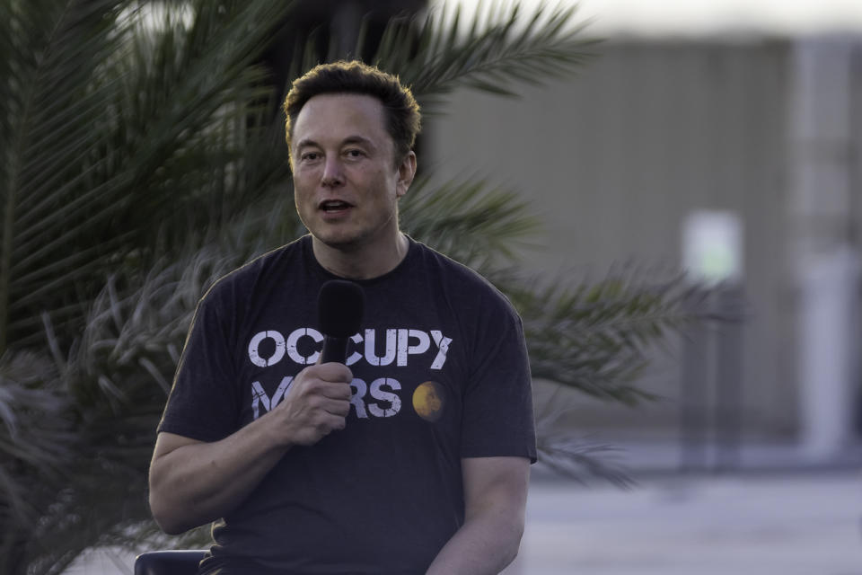 BOCA CHICA BEACH, TX - AUGUST 25: SpaceX founder Elon Musk speaks during a T-Mobile and SpaceX joint event on August 25, 2022 in Boca Chica Beach, Texas. The two companies announced plans to work together to provide T-Mobile cellular service using Starlink satellites. (Photo by Michael Gonzalez/Getty Images)