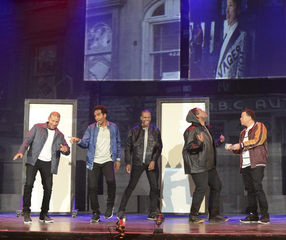 This image released by the Long Beach Opera shows, from left, Cedric Berry as Yusef Salaam, Orson Van Gay as Raymond Santana, Derrell Acon as Antron McCray, Bernard Holcomb as Kevin Richardson, and Nathan Granner as Khorey Wise in "The Central Park Five," by Anthony Davis, winner of the Pulitzer Prize for Music. (Long Beach Opera via AP)
