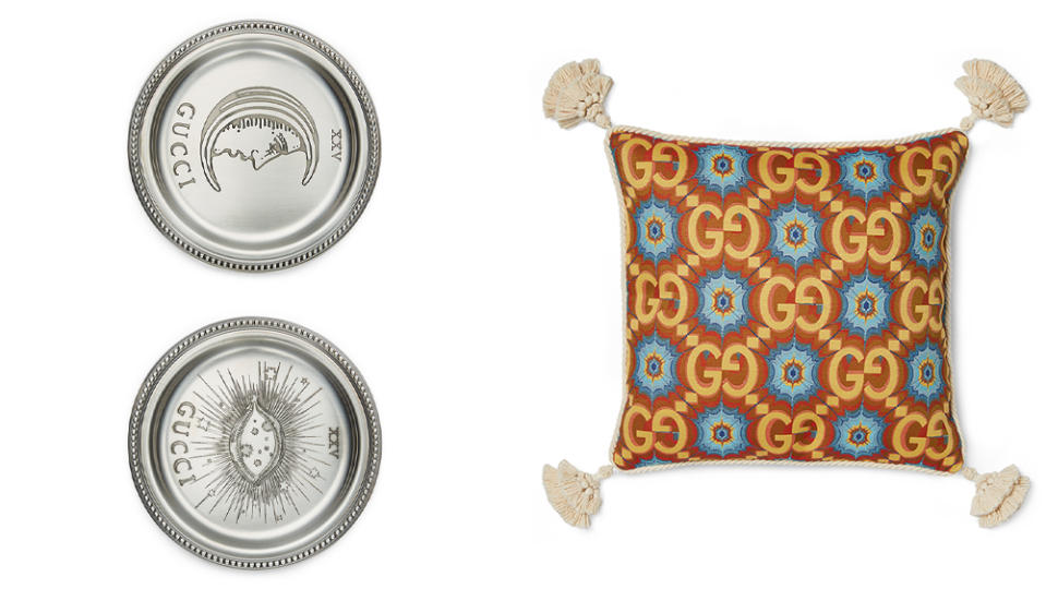 Metal coasters and a vibrant, tasseled pillow from the new Gucci decor collection. - Credit: Gucci