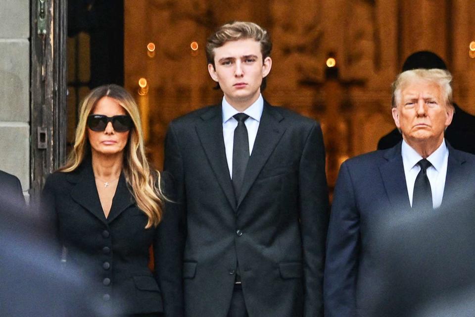 <p>GIORGIO VIERA/AFP via Getty</p> (Left to right): Melania Trump, Barron Trump and Donald Trump in January 2024