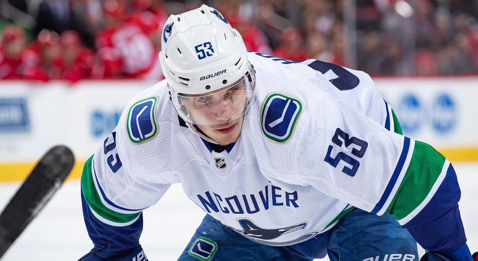 If this happens every time that Bo Horvat signs a stick before a game, expect him to do it more often. (Photo by Dave Reginek/NHLI via Getty Images)