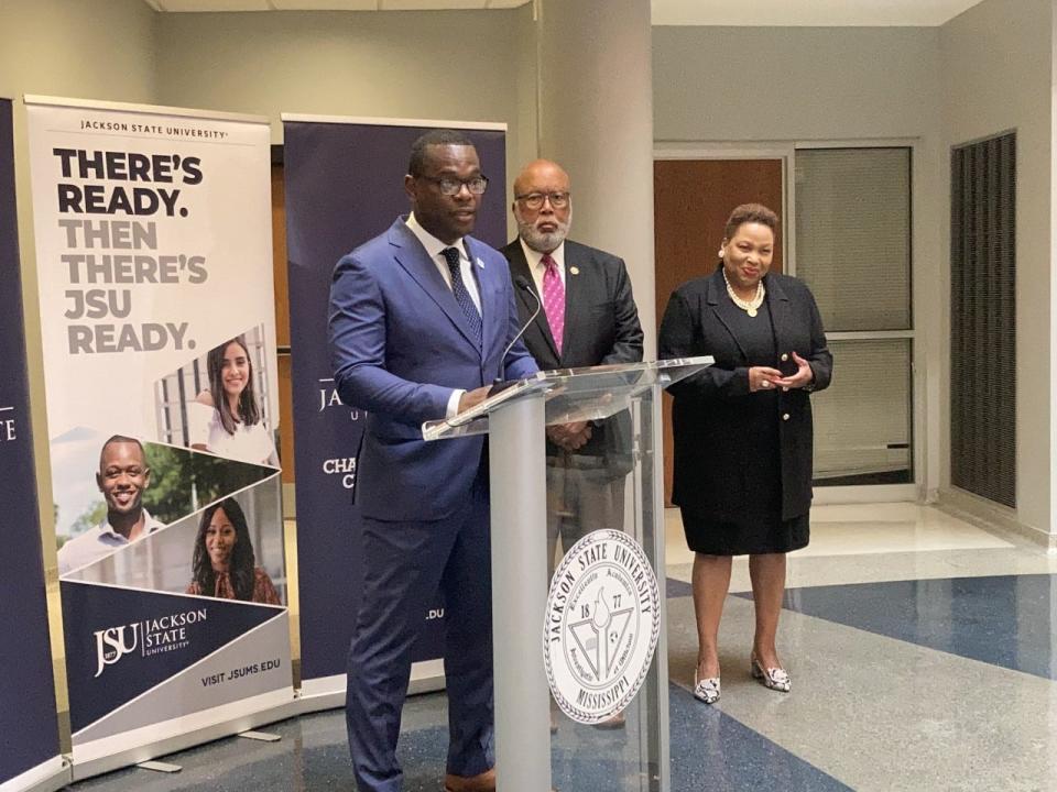 Jackson State University President Thomas Hudson speaks from the podium about $3 million in federal funding will support the university's Center for Living, Learning and Cultural Engagement during a Thursday, May 5, 2022 press conference with U.S. Rep. Bennie Thompson and Tougaloo College President Carmen Walters.